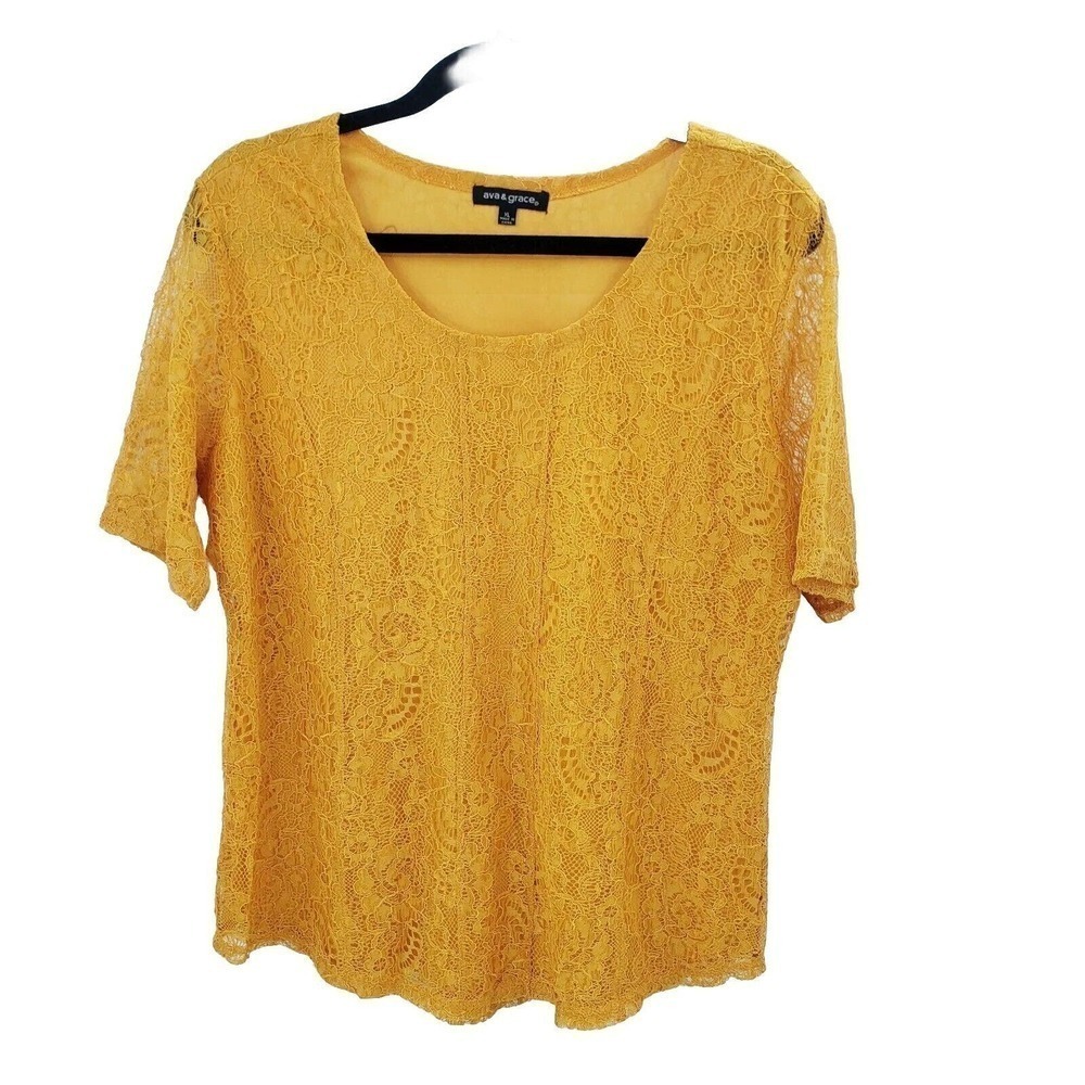 Ava & Grace Yellow Short Sleeve Lace Top Womens Size XL Gold Mustard Lined